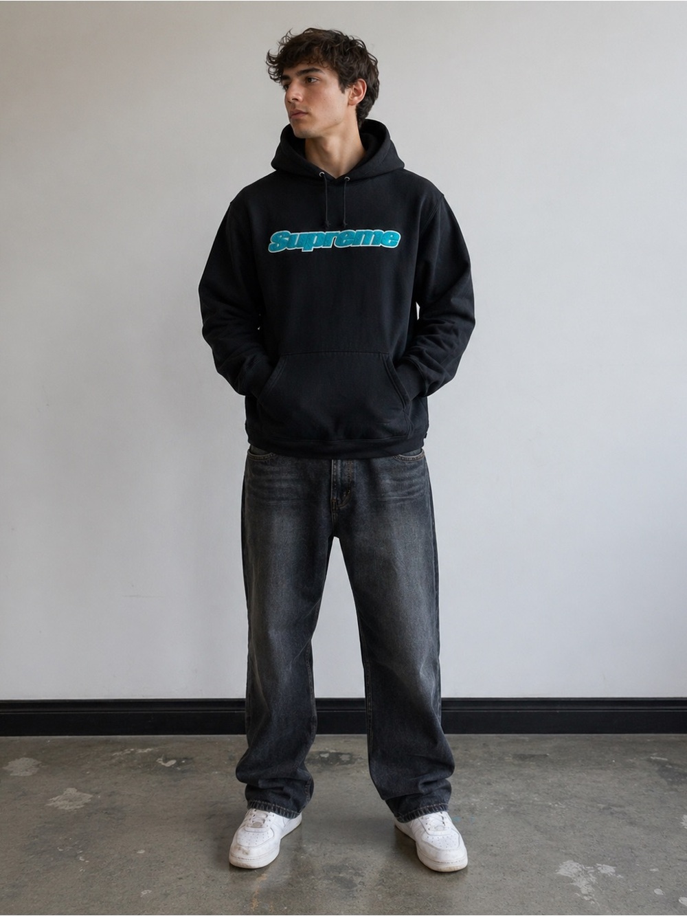 Authentic Supreme Black Hoodie with Chenille Teal Logo. Size M